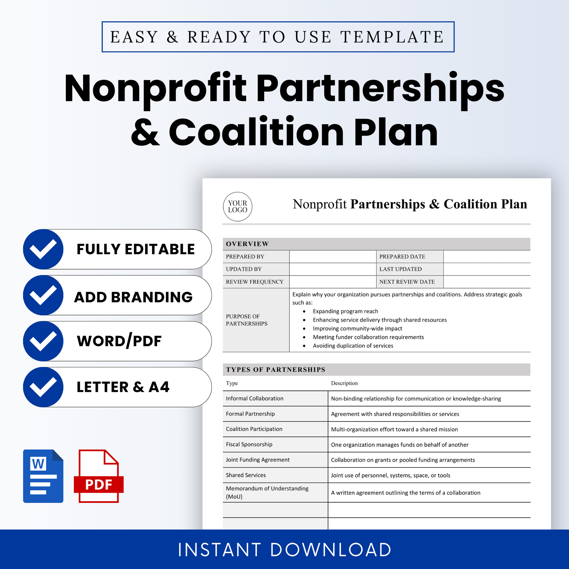 Nonprofit partnerships and coalition plan template cover page with clean minimalist layout, editable Word and printable PDF format, includes overview, partnership types, and strategy sections
