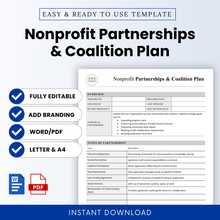 Nonprofit partnerships and coalition plan template cover page with clean minimalist layout, editable Word and printable PDF format, includes overview, partnership types, and strategy sections