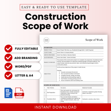 Construction Scope of Work Template Word and Construction Scope of Work Template PDF shown in a clean, professional layout with editable sections and checklist features. This simple Construction Scope of Work template is ideal for contractors, project managers, and small business owners needing a clear, printable business template for defining project details.
