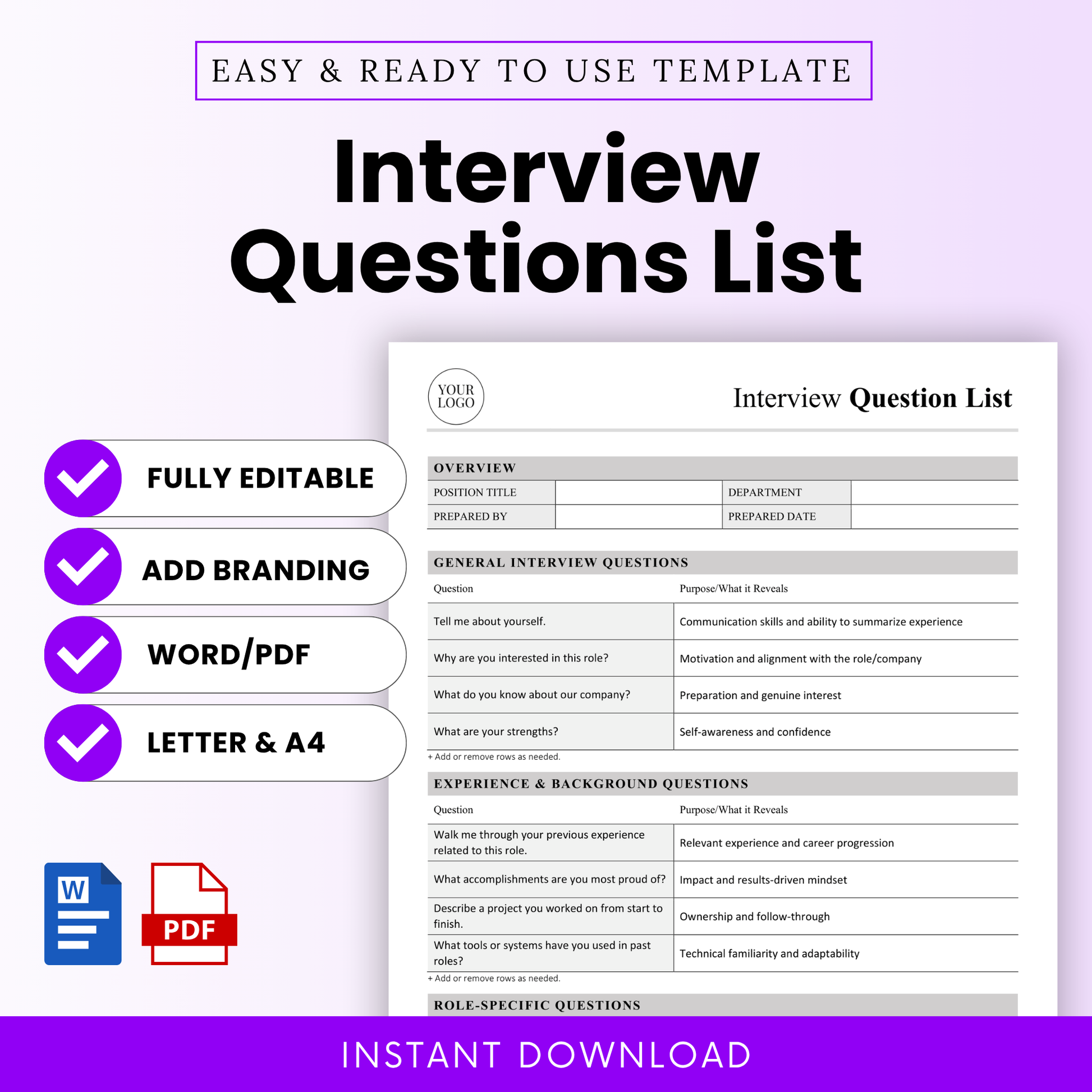 Interview questions list template cover with clean modern layout, editable hiring document for recruiters, HR interview guide printable, Word and PDF template for structured interviews