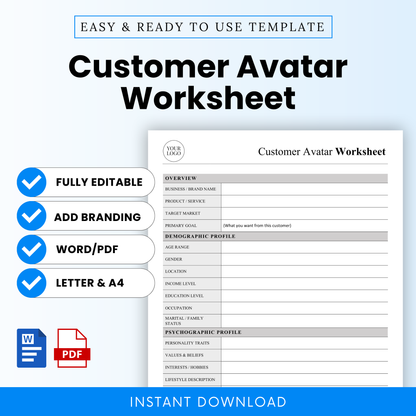 Customer Avatar Worksheet Template Word and Customer Avatar Worksheet Template PDF shown in a clean, modern layout with editable fields for defining your ideal client. This simple Customer Avatar Template is perfect for small business owners and marketers looking for a fully editable, printable business template to clarify target audience and improve marketing strategy.