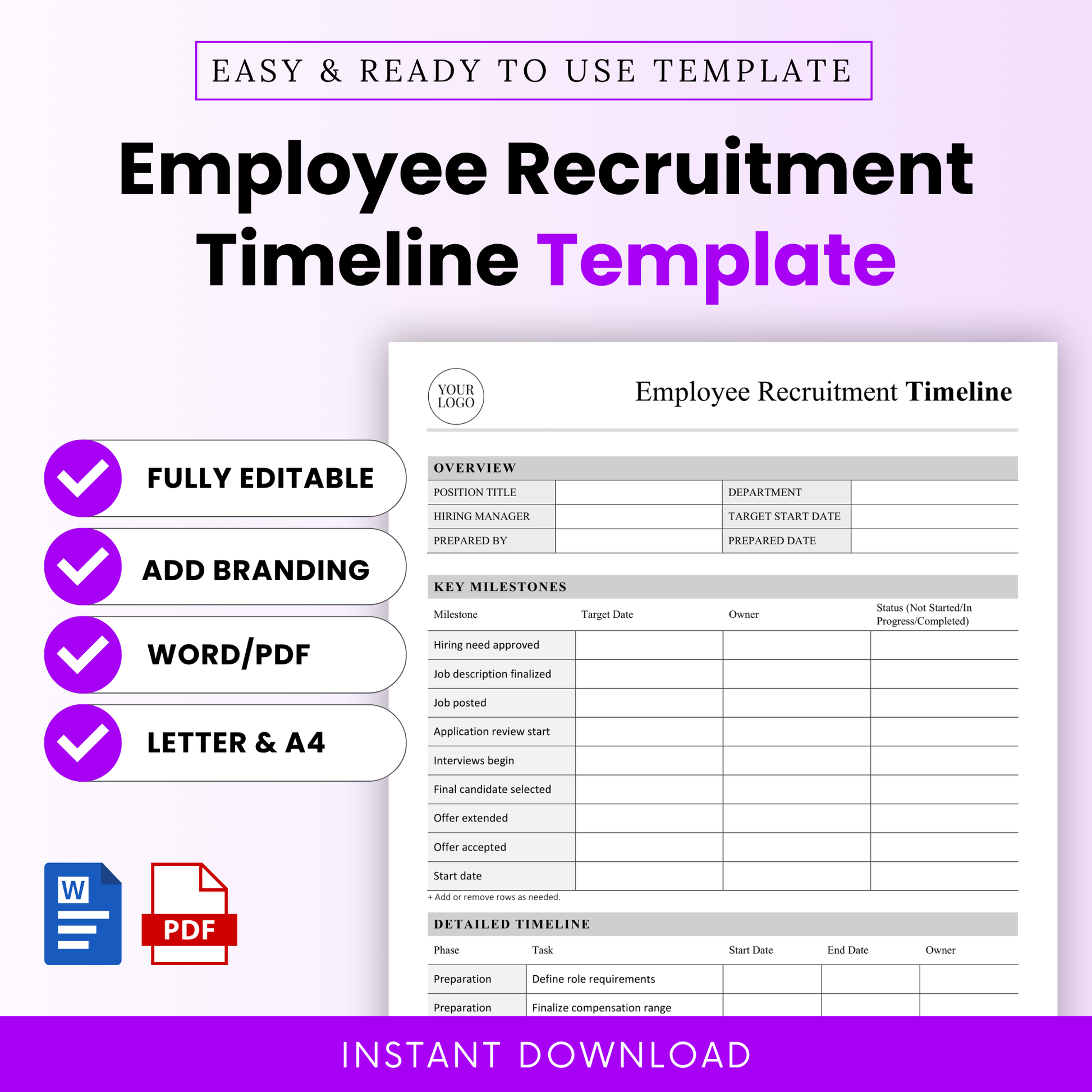 Employee recruitment timeline template cover with editable Word and printable PDF features, hiring workflow tracker, HR planning document, minimalist business template