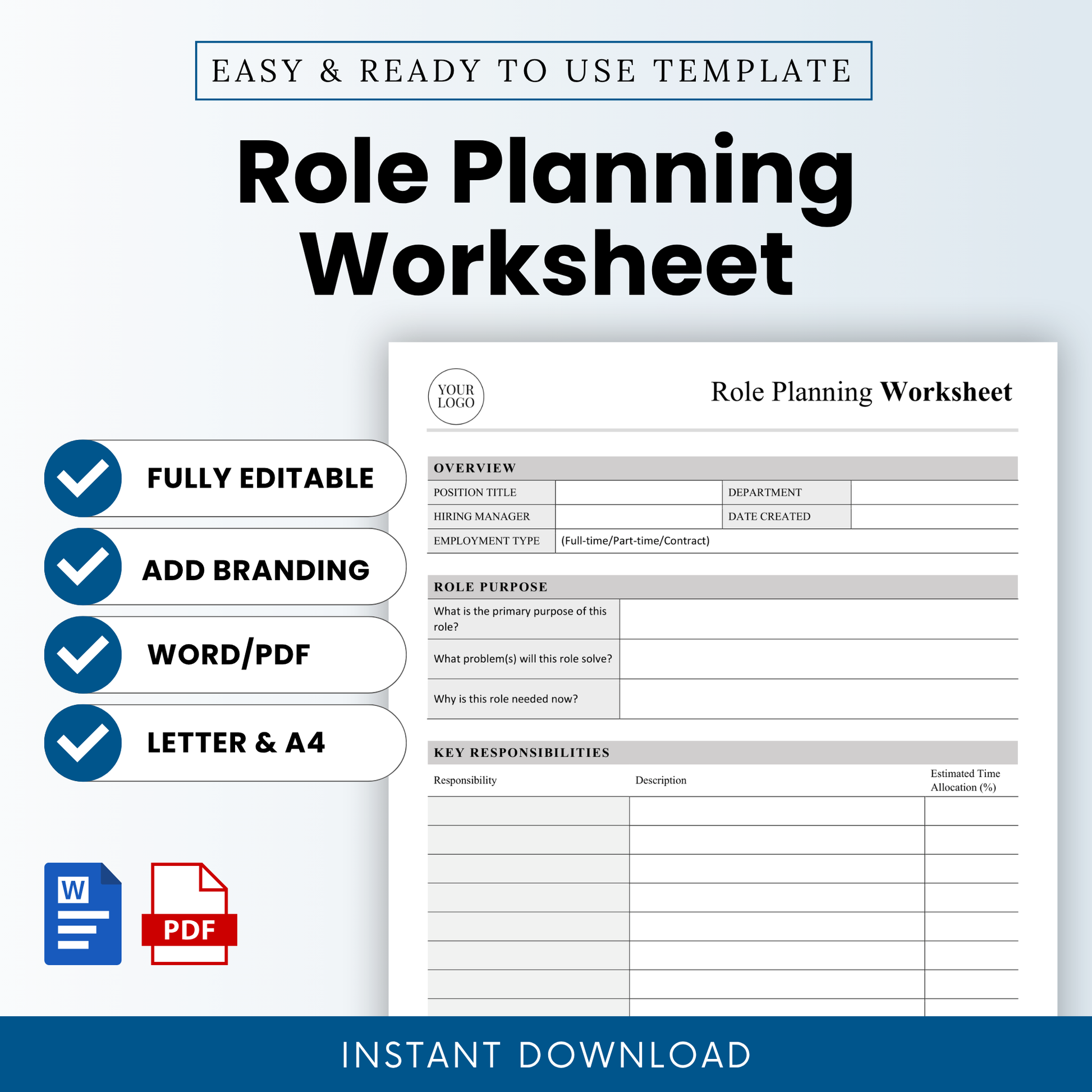 Modern role planning worksheet template preview with clean minimalist layout, HR hiring tool, editable Word and printable PDF, includes sections for responsibilities and qualifications
