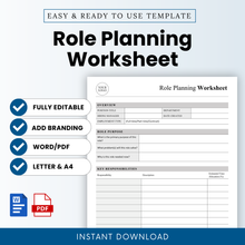 Modern role planning worksheet template preview with clean minimalist layout, HR hiring tool, editable Word and printable PDF, includes sections for responsibilities and qualifications