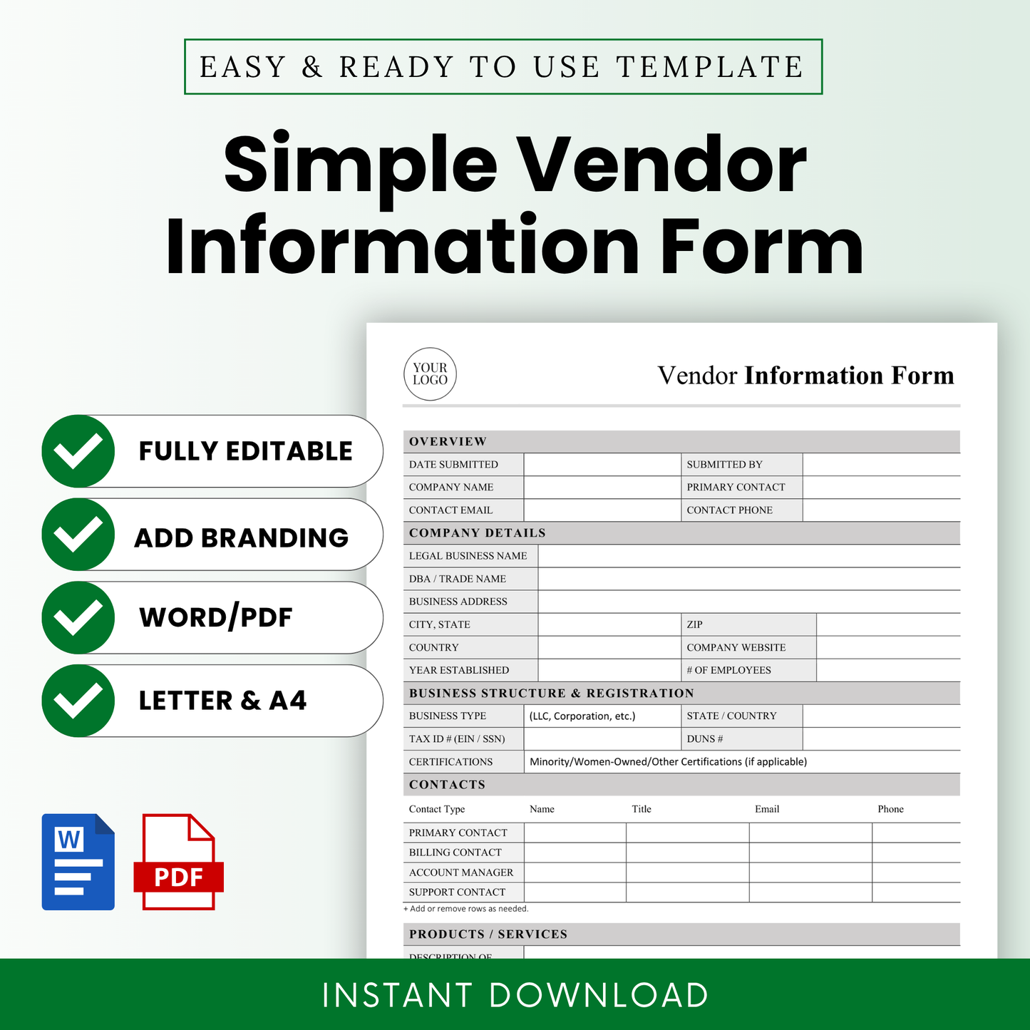 Simple Vendor Information Form Template Word and Vendor Information Form Template PDF shown in a clean, professional layout with editable fields and sections. This editable and printable Vendor Information Form Template is ideal for small businesses, procurement teams, and managers looking to streamline vendor onboarding and record keeping.