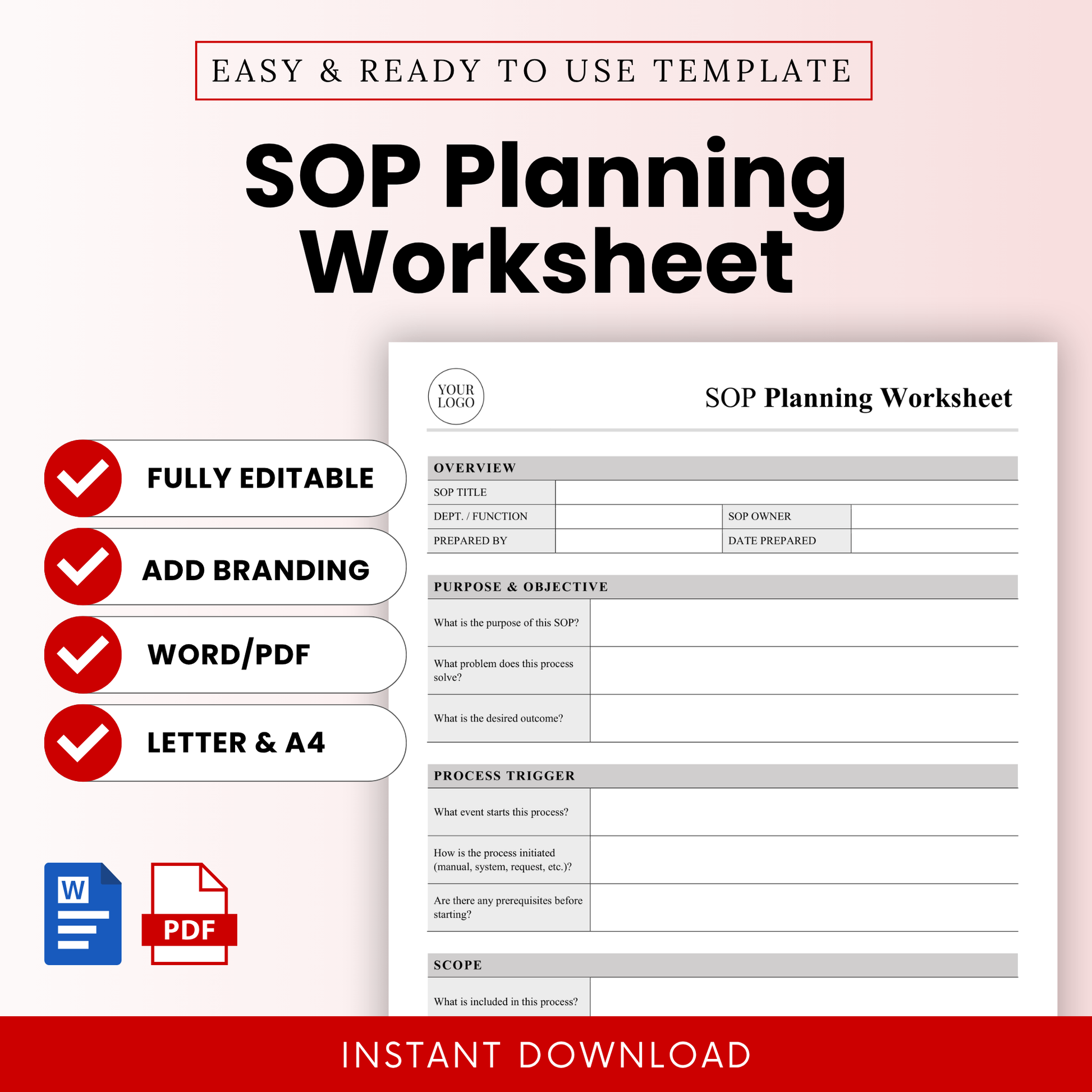SOP planning worksheet template preview with clean minimalist layout, editable business process document, standard operating procedure planner in Word and PDF formats with instant download