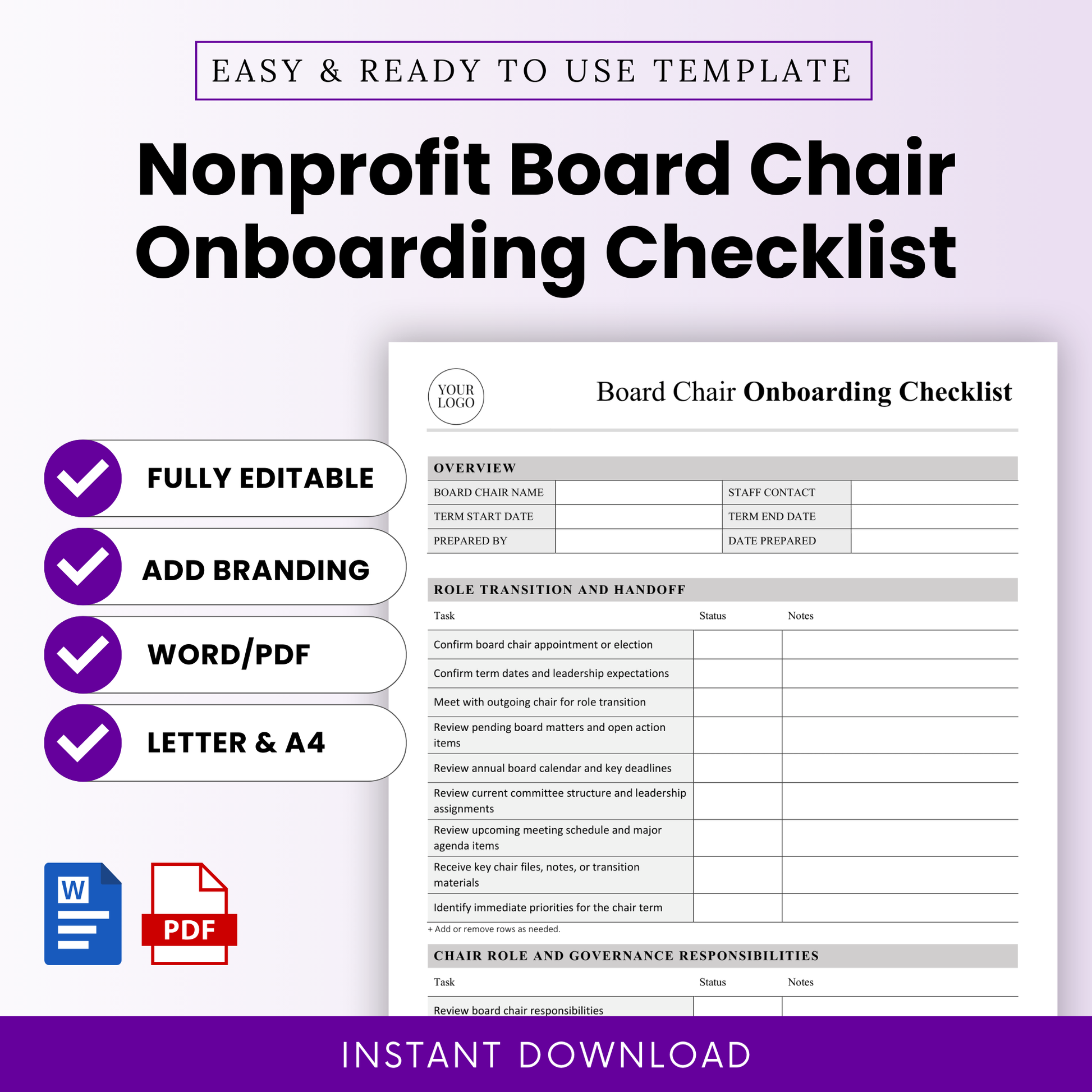 Editable nonprofit board chair onboarding checklist template cover image featuring a clean professional checklist layout, Word and PDF icons, fully editable branding-ready design, US Letter and A4 sizes, and instant download digital planner for nonprofit leadership transition