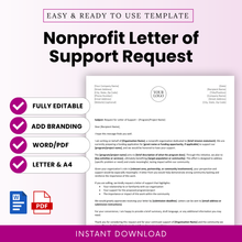Simple Nonprofit Letter of Support Request Template Word and Nonprofit Letter of Support Request Template PDF shown in a clean, minimalist layout with bold headline and preview of the document. This editable business template is ideal for nonprofits, grant writers, and organizations seeking funding or partnerships, and is fully customizable and printable for professional use.