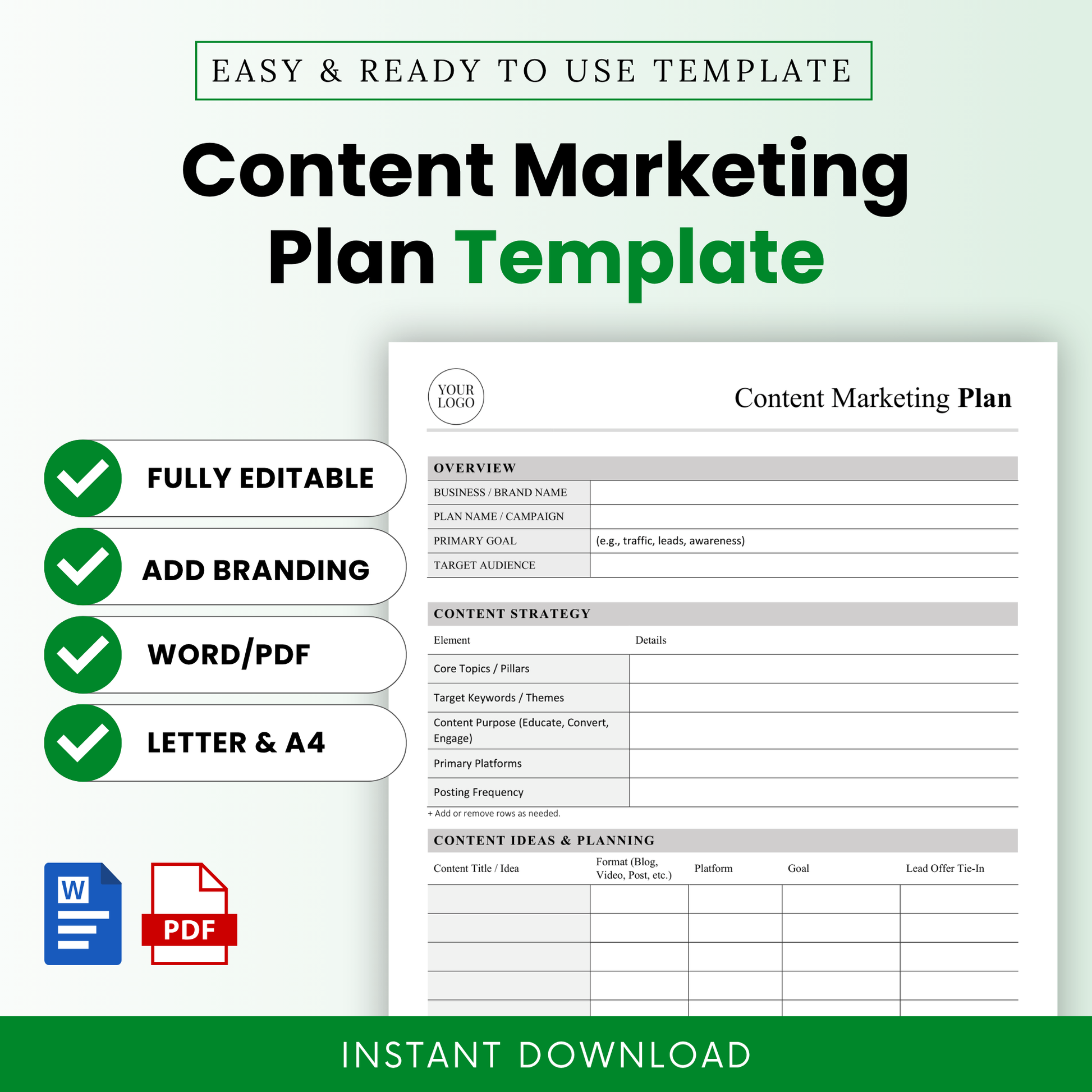 Content Marketing Plan Template Word and Content Marketing Plan Template PDF shown in a clean, modern layout with key features like fully editable, add branding, and printable formats. This simple Content Marketing Plan Template is ideal for small business owners, marketers, and teams looking for an editable business template to plan strategy efficiently.