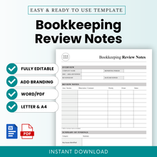 Simple bookkeeping review notes template cover with editable Word and PDF format, accounting checklist document, financial review worksheet for small business and accountants, instant download printable