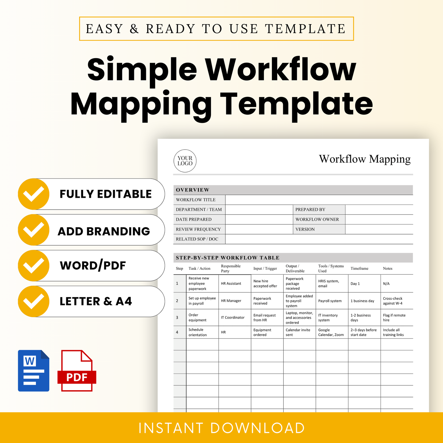 Simple Workflow Mapping Template cover showing editable Word and PDF workflow document with step-by-step process table, branding option, and instant download features