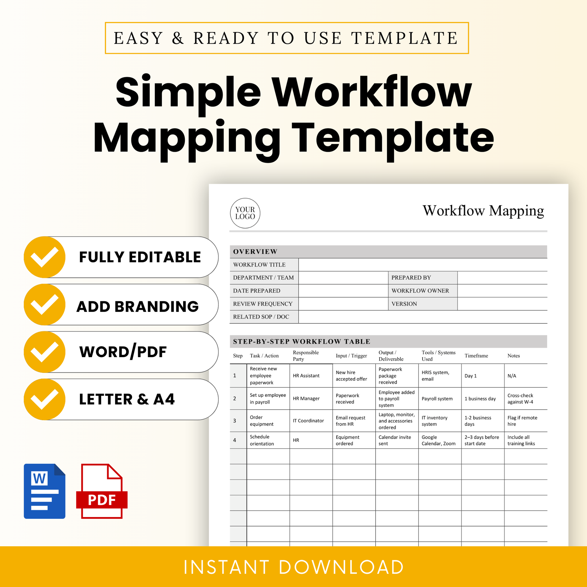 Simple Workflow Mapping Template cover showing editable Word and PDF workflow document with step-by-step process table, branding option, and instant download features