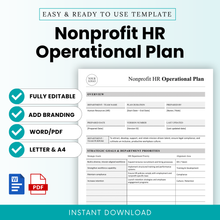 Nonprofit HR operational plan template editable Word and PDF, HR strategy document for nonprofits, clean minimalist layout, instant download business template