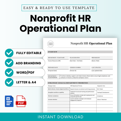 Nonprofit HR operational plan template editable Word and PDF, HR strategy document for nonprofits, clean minimalist layout, instant download business template