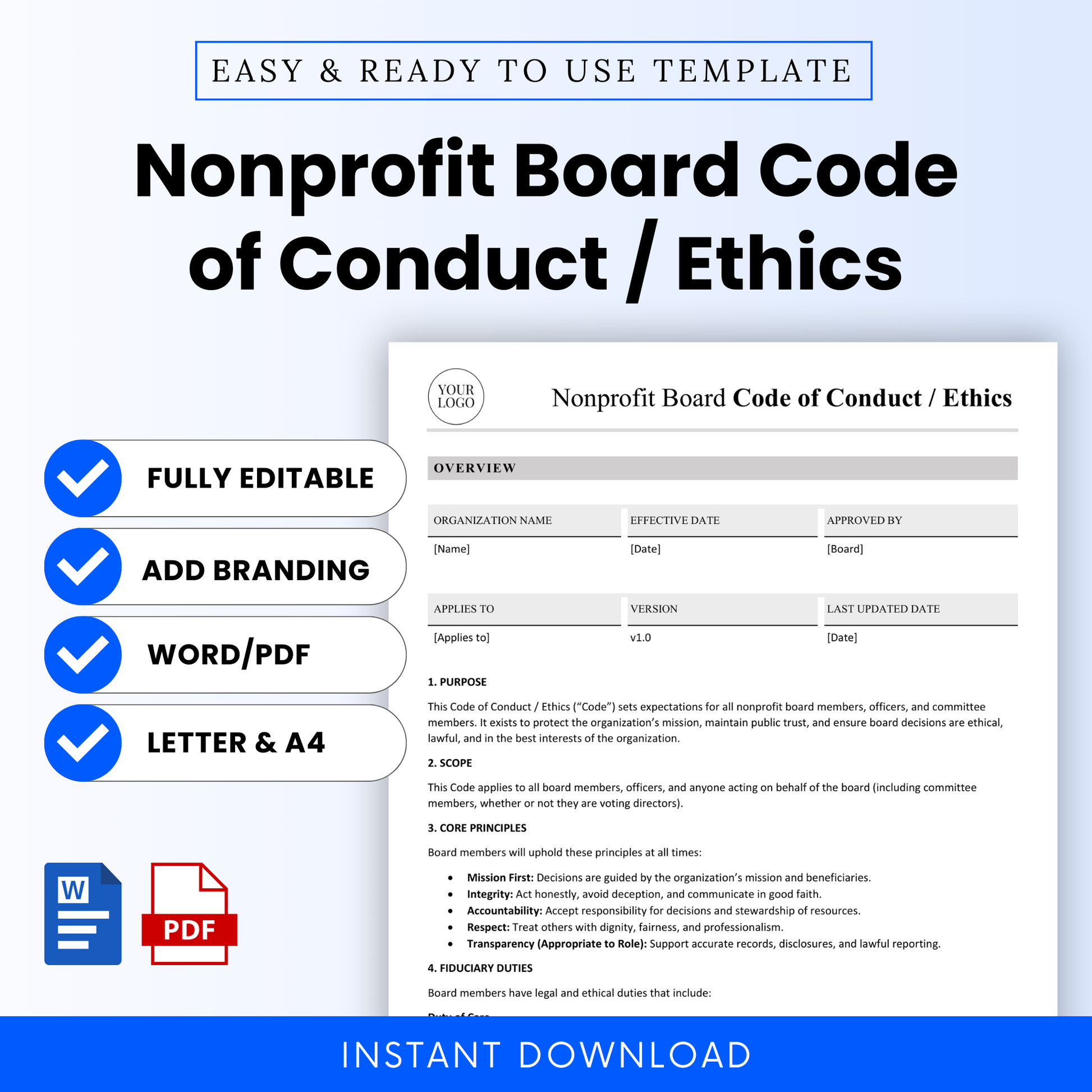 Nonprofit Board Code of Conduct / Ethics template with features listed on a white background: Word and PDF formats, US Letter and A4 sizes, fully editable, add branding.