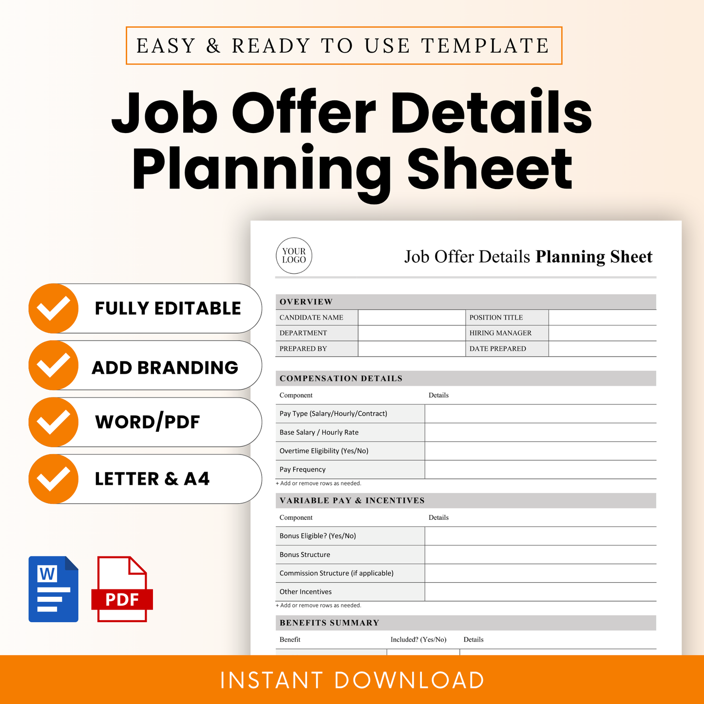 Simple job offer details planning sheet template preview with editable layout, HR hiring form, compensation and benefits tracker, Word and PDF instant download