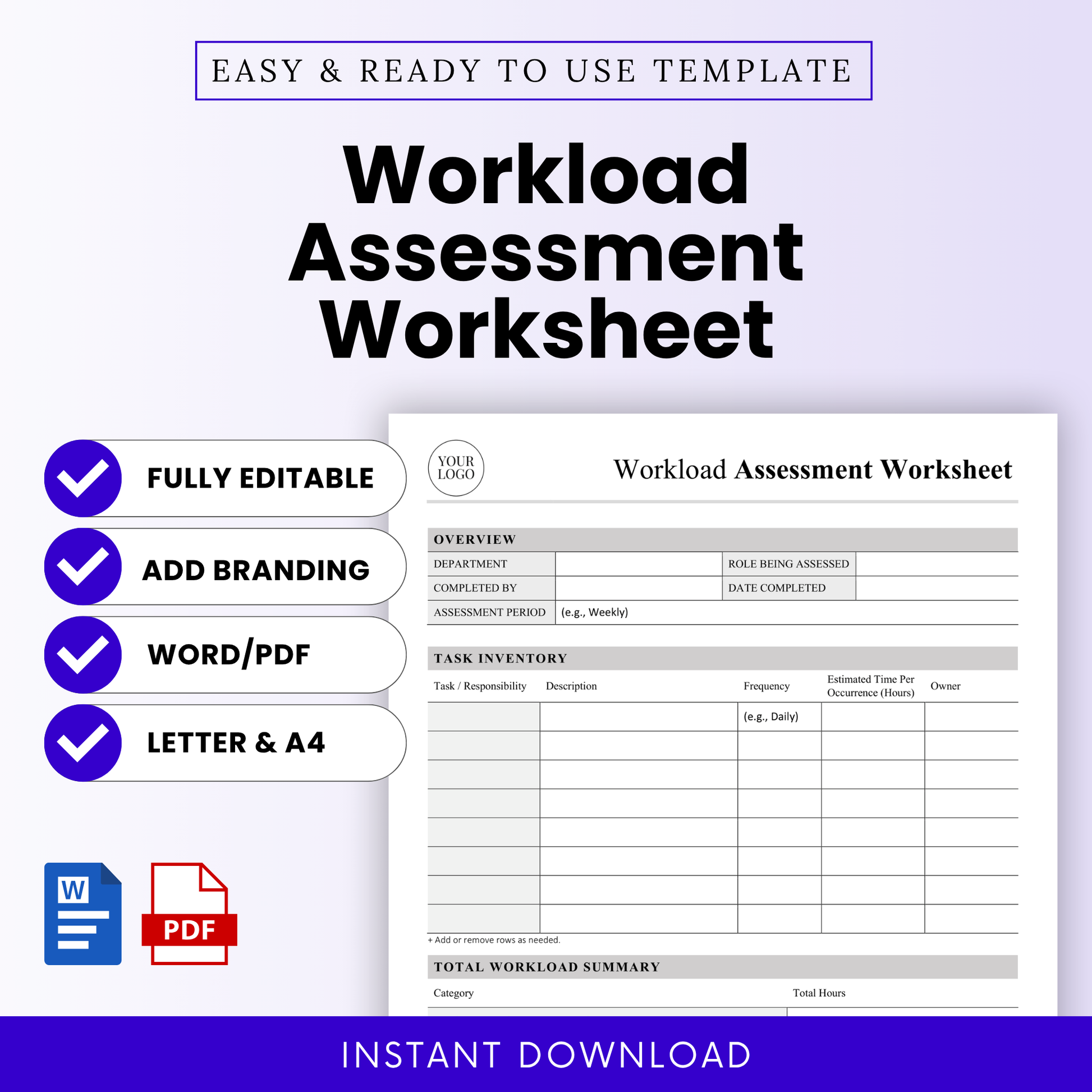 Workload assessment worksheet template cover with bold title, editable Word and PDF format icons, checklist features including fully editable, add branding, letter and A4 sizes, clean minimalist business productivity planner design for HR and managers