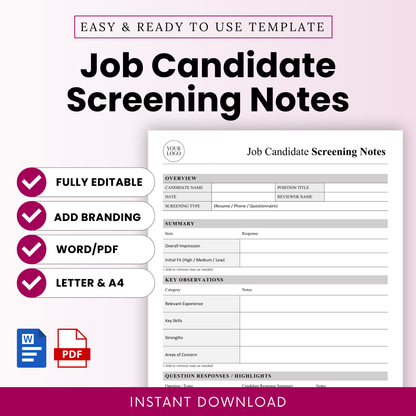 Editable job candidate screening notes template shown in a clean, minimalist layout with key features like fully editable format, branding option, Word and PDF files, and US Letter and A4 sizes for easy hiring documentation