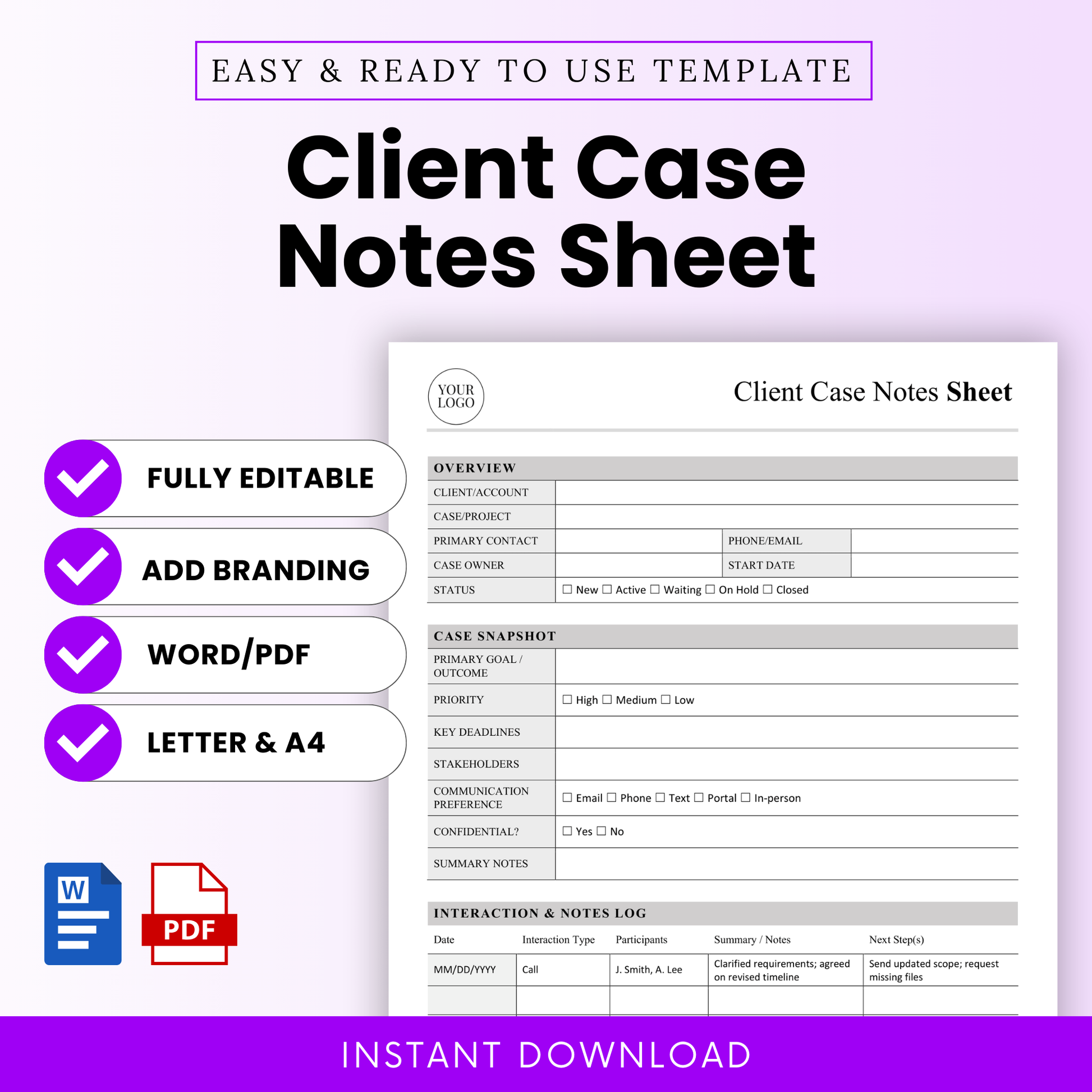 Editable client case notes sheet template with clean layout, includes overview section, case snapshot, and interaction log for project tracking, available in Word and PDF formats