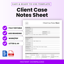 Editable client case notes sheet template with clean layout, includes overview section, case snapshot, and interaction log for project tracking, available in Word and PDF formats