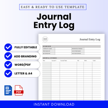 Simple journal entry log template cover with clean minimalist layout, editable accounting worksheet preview, bookkeeping log sheet with debit and credit columns, Word and PDF printable financial tracker