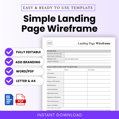 Simple Landing Page Wireframe Template Word and Landing Page Wireframe Template PDF shown with a clean, modern layout and bold typography. This editable business template is ideal for marketers, small business owners, and designers planning high-converting sales pages and landing page strategies.