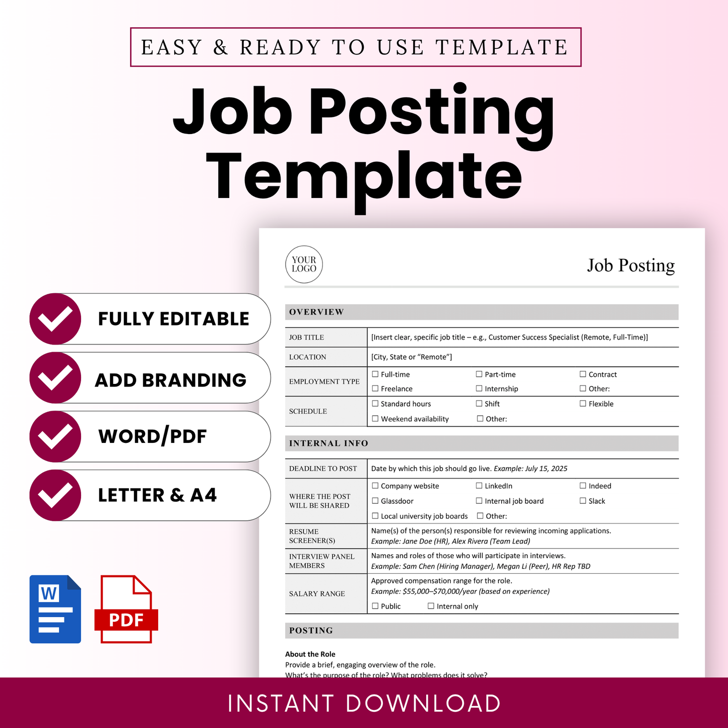 Job posting template cover image with editable Microsoft Word and PDF formats, featuring professional HR job listing layout, branding-ready design, and instant download for recruitment use