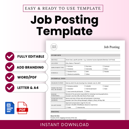 Job posting template cover image with editable Microsoft Word and PDF formats, featuring professional HR job listing layout, branding-ready design, and instant download for recruitment use