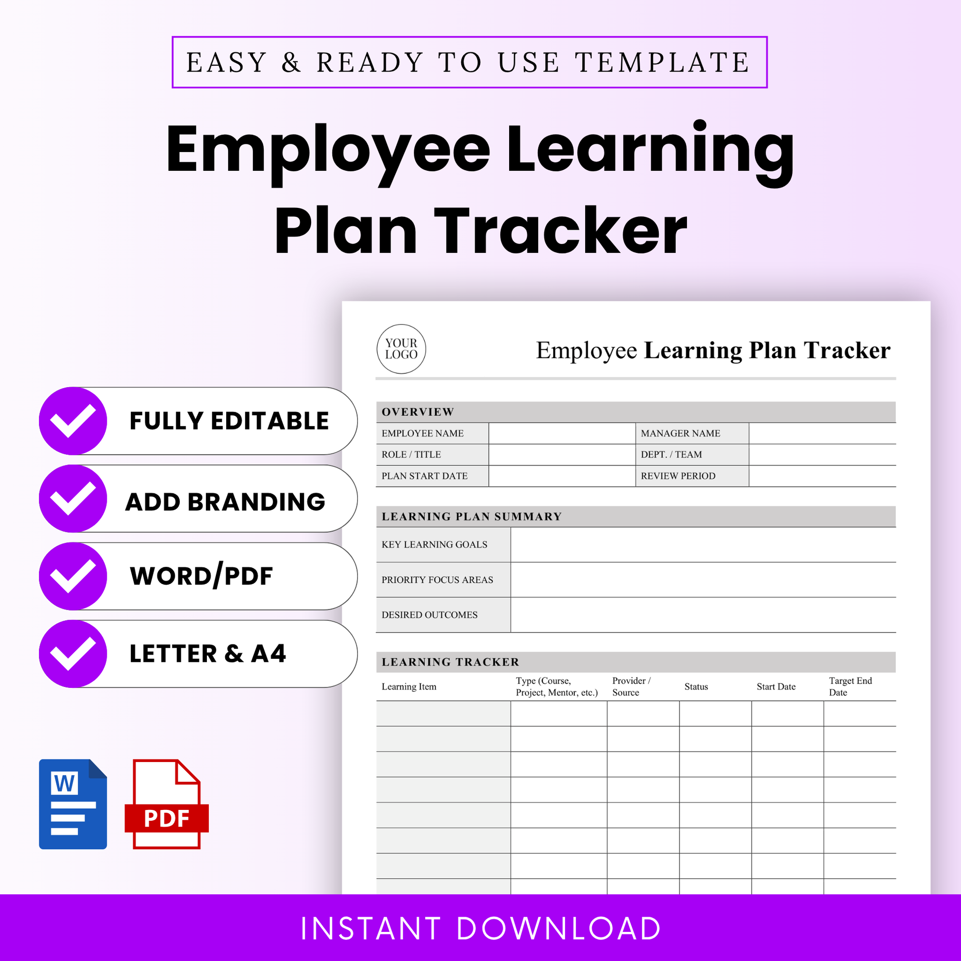 Simple employee learning plan tracker template cover with editable layout, highlighting HR training tracker, professional development planner, Word and PDF formats, and instant download