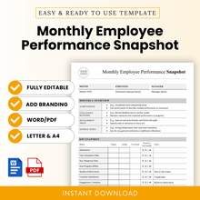 Monthly employee performance snapshot template with KPI tracking, achievements, challenges, and development sections, editable HR performance review form for managers and teams