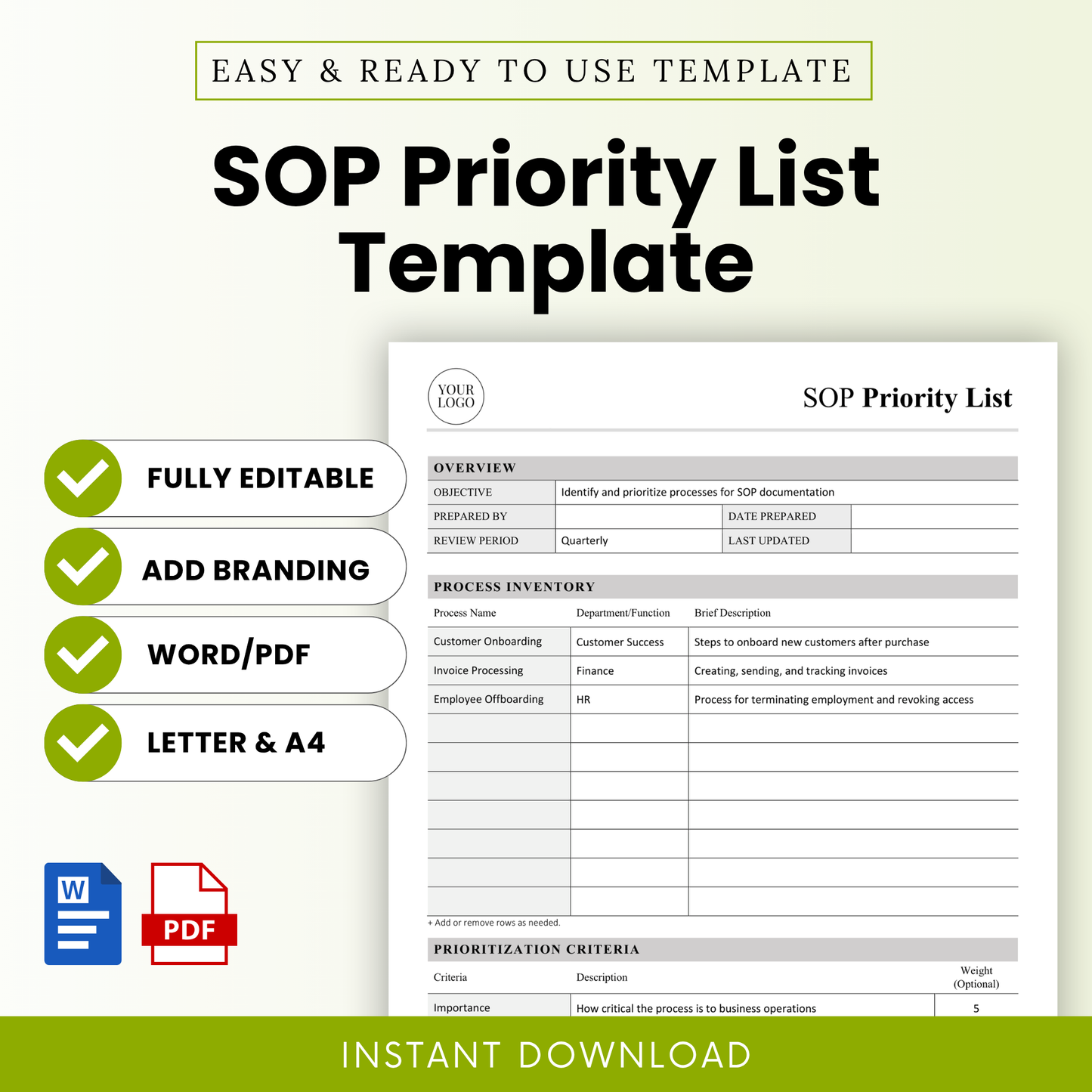 Simple SOP priority list template cover with green accents, editable business workflow planner, operations management document, instant download template for small business systems