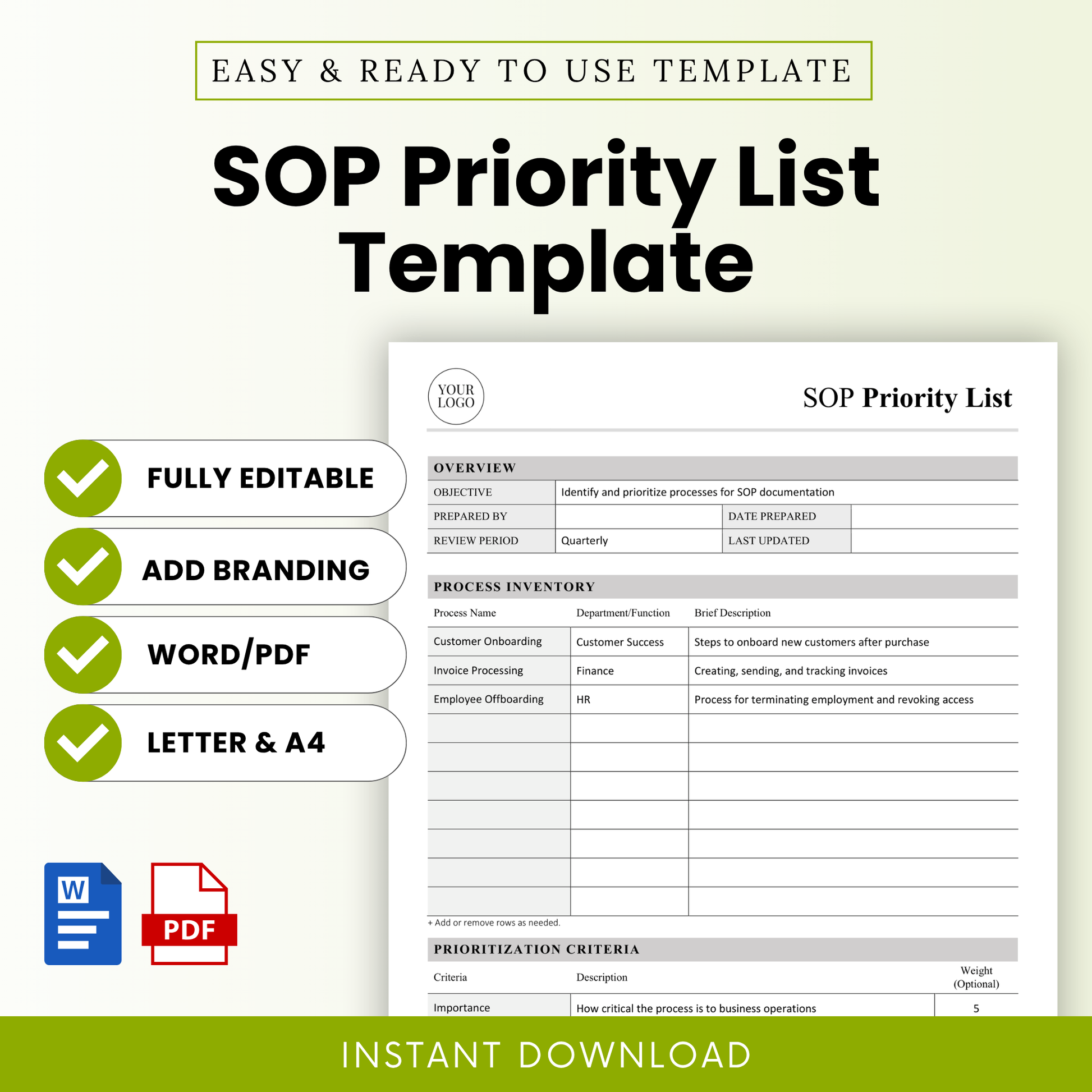 Simple SOP priority list template cover with green accents, editable business workflow planner, operations management document, instant download template for small business systems