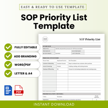 Simple SOP priority list template cover with green accents, editable business workflow planner, operations management document, instant download template for small business systems