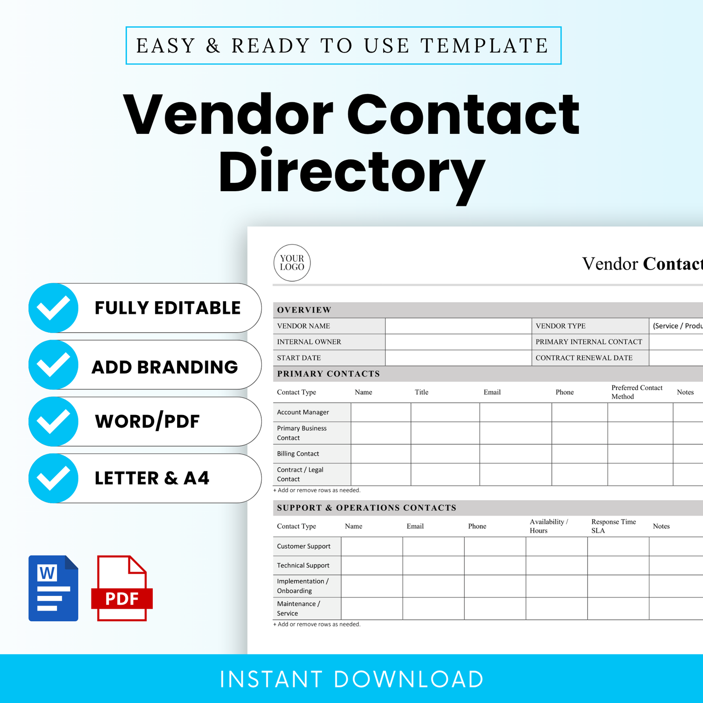 Vendor Contact Directory Template Word and Vendor Contact Directory Template PDF shown in a clean, modern layout with key features like fully editable, add branding, and printable formats. This simple Vendor Contact Directory Template is ideal for small businesses, managers, and teams looking for an organized, editable business template for vendor management.