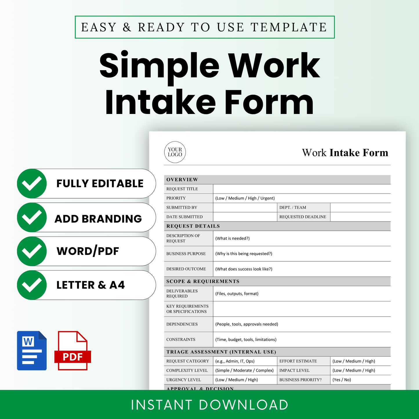 Simple work intake form template preview with clean layout, editable fields, and features like fully editable, add branding, Word and PDF formats, letter and A4 sizes, instant download