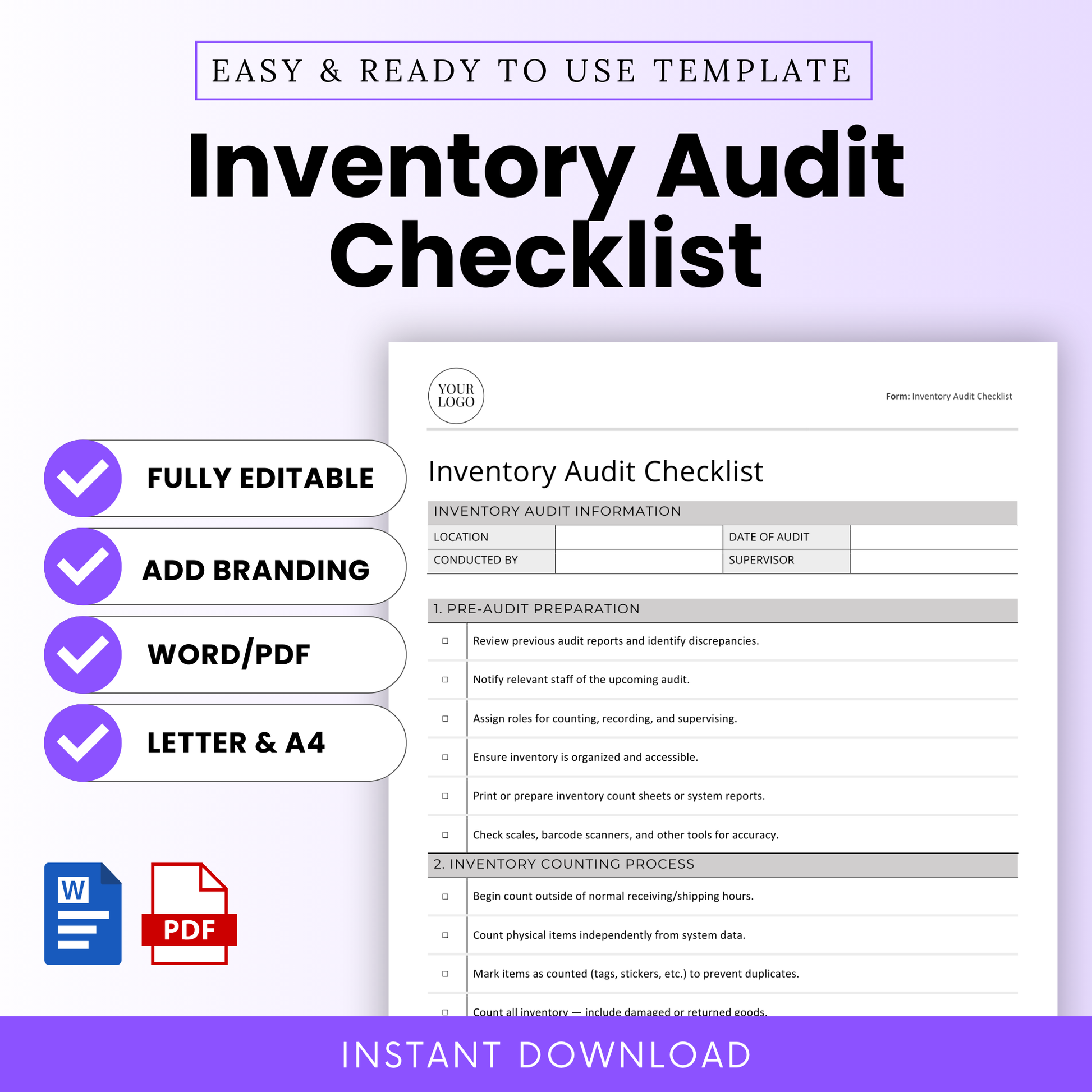 Inventory Audit Checklist template with editable sections for audit info, counting steps, and pre-audit preparation. Includes icons for Word and PDF, editable and printable in A4 and US Letter sizes.