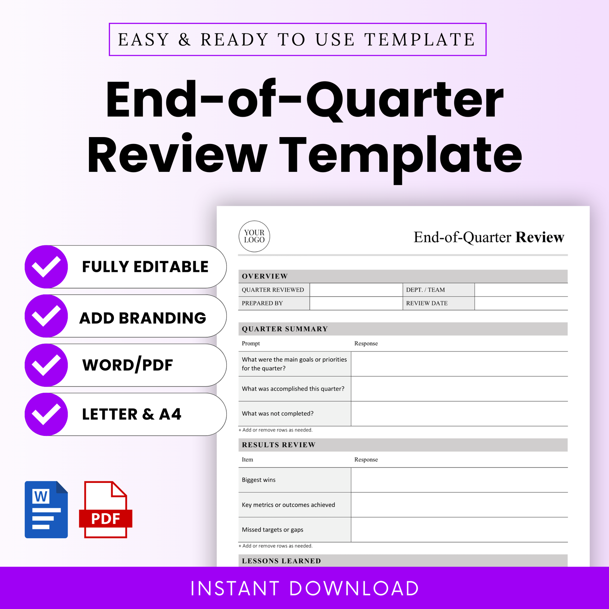 End-of-quarter review template editable Word and printable PDF with branding option, quarterly summary, results review, and lessons learned sections for business performance tracking