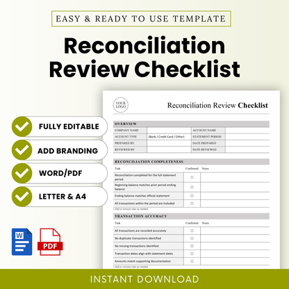 Reconciliation review checklist template cover image with editable Word and PDF format, financial audit checklist, bookkeeping template for small business accounting