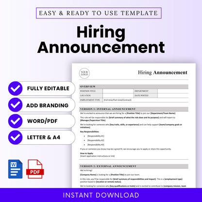Simple hiring announcement template Word preview with editable Word and PDF formats, clean HR document layout, internal and external job posting design, instant download business template
