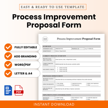 Process improvement proposal form template with clean minimalist design, editable business document, includes sections for overview, current process, proposed improvements, and implementation planning in Word and PDF format
