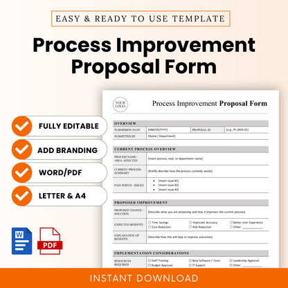Process improvement proposal form template with clean minimalist design, editable business document, includes sections for overview, current process, proposed improvements, and implementation planning in Word and PDF format