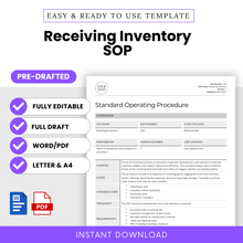 Simple SOP Template for Receiving Inventory – Fully editable Standard Operating Procedure (SOP) template in Word and PDF format. Pre-drafted for quick implementation, this SOP template is ideal for businesses in manufacturing, supply chain management, and operations. Designed to streamline document control, versioning, and compliance processes, this professional SOP template helps ensure regulatory adherence and efficient workflow documentation. Available in both Letter and A4 sizes.
