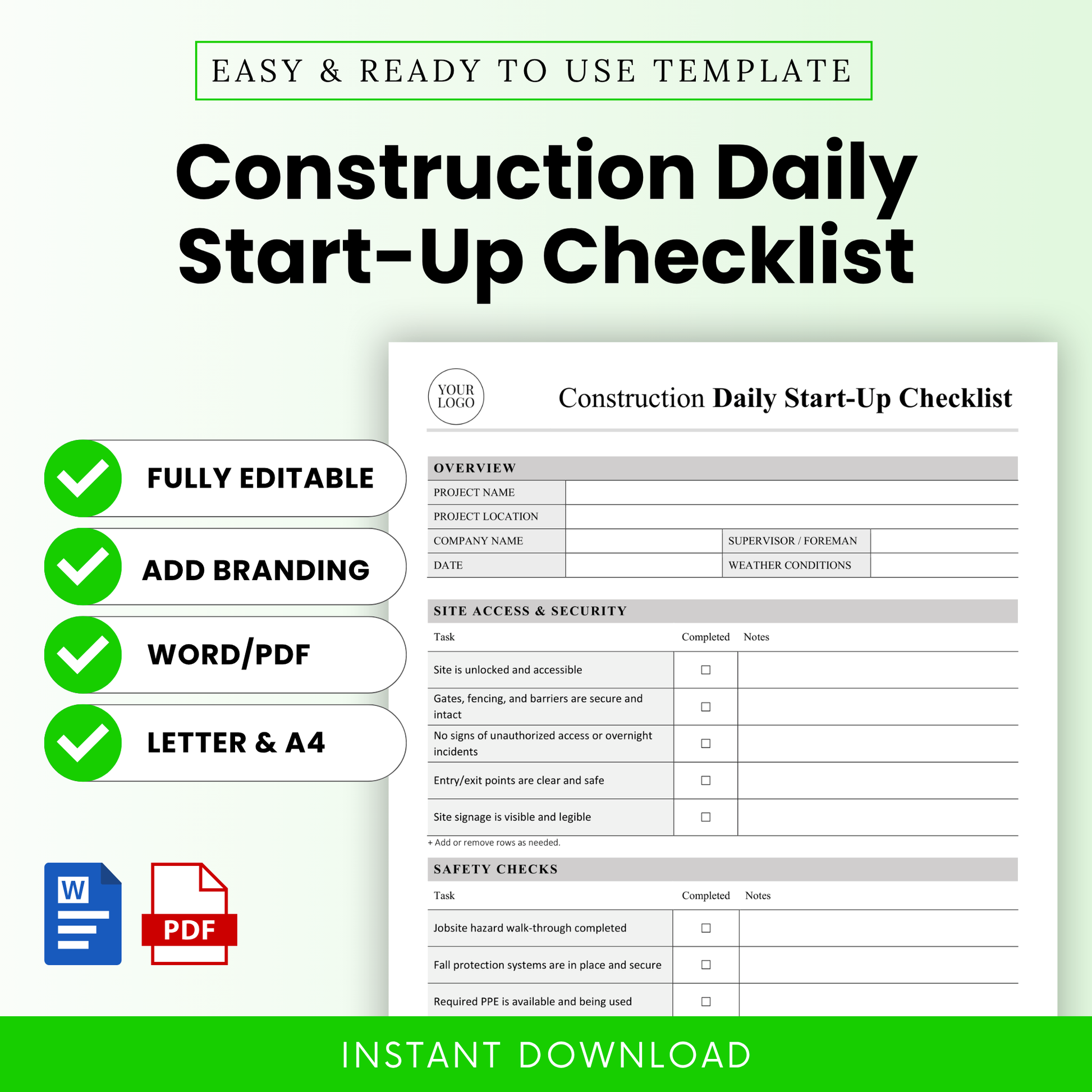 Construction Daily Start-Up Checklist Template Word and Construction Daily Start-Up Checklist Template PDF shown with a clean, professional layout and editable sections. This simple Construction Daily Start-Up Checklist Template is designed for contractors, site managers, and teams to streamline daily inspections, safety checks, and site readiness. Fully editable, printable business template ideal for improving jobsite organization and compliance.