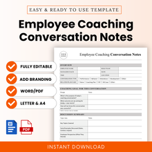 Employee coaching conversation notes template cover with clean minimalist layout, editable HR document, Word and PDF format, instant download, letter and A4 sizes, performance management form