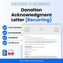Simple Donation Acknowledgment Letter Template Word and Donation Acknowledgment Letter Template PDF displayed in a clean, modern layout. This editable recurring donation letter template is ideal for nonprofits, charities, and organizations needing a professional, printable business document for donor communication.