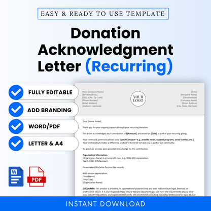 Simple Donation Acknowledgment Letter Template Word and Donation Acknowledgment Letter Template PDF displayed in a clean, modern layout. This editable recurring donation letter template is ideal for nonprofits, charities, and organizations needing a professional, printable business document for donor communication.