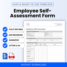 Editable Employee Self-Assessment Form open in MS Word on a laptop, highlighting compatibility with Letter and A4 paper sizes.