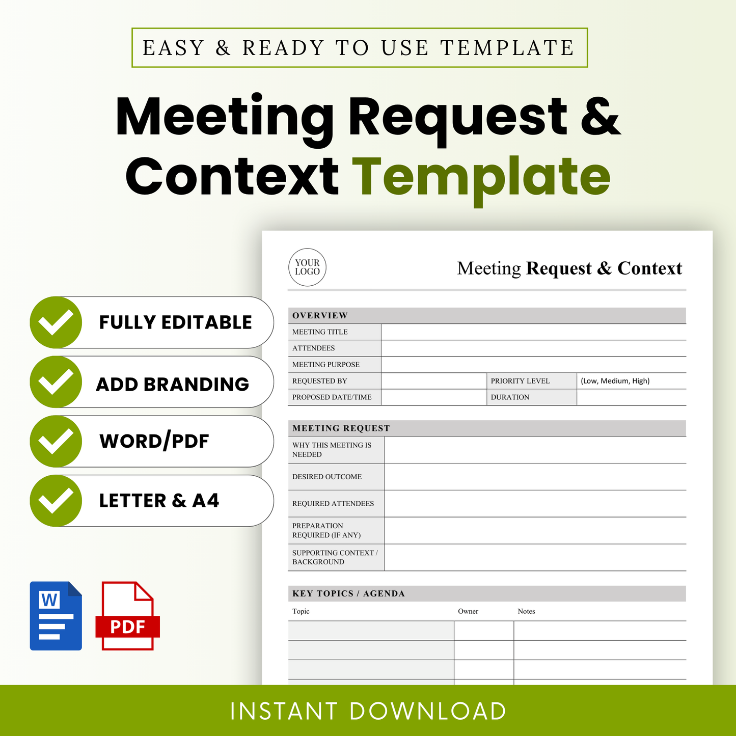 Meeting request and context template cover image with clean professional layout, editable meeting planner document, business meeting agenda template, Word and PDF printable, instant download office tool