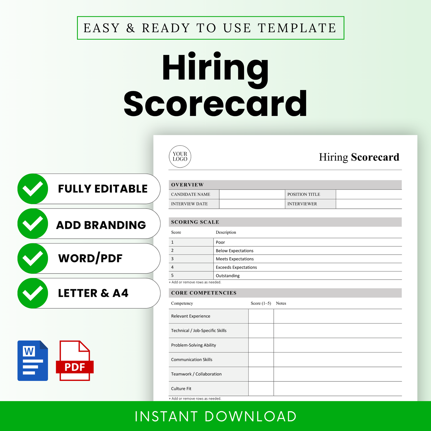 Hiring scorecard template cover with editable Word and PDF formats, clean minimalist HR hiring form, candidate evaluation sheet, recruiter interview checklist, instant download printable