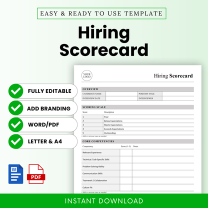 Hiring scorecard template cover with editable Word and PDF formats, clean minimalist HR hiring form, candidate evaluation sheet, recruiter interview checklist, instant download printable
